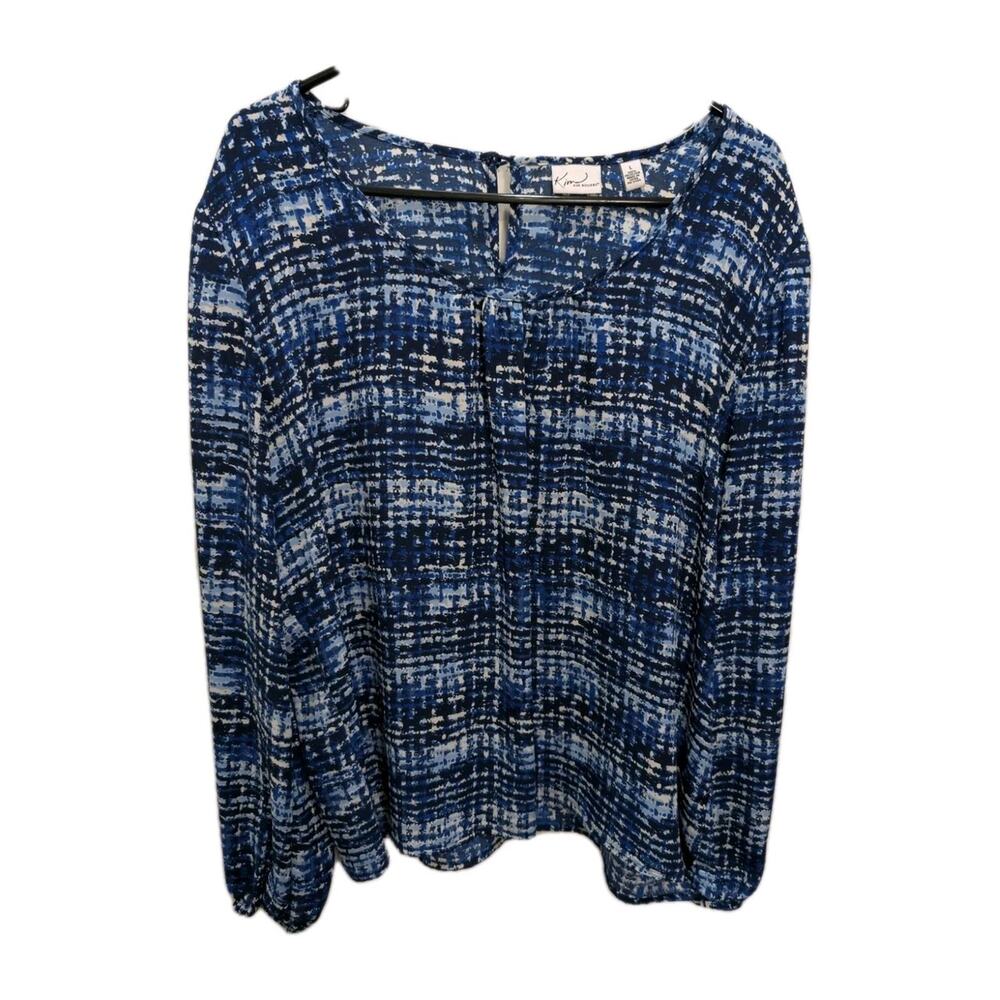 Kim Rogers Blouse Shirt Tunic Blue Geometric Pullover Top Women's Size Large EUC